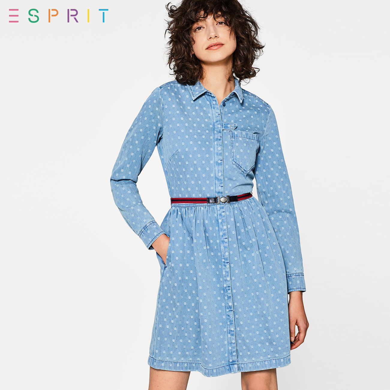 ESPRIT EDC女装2018春|新品|全棉收腰款长袖连衣裙-018CC1E011