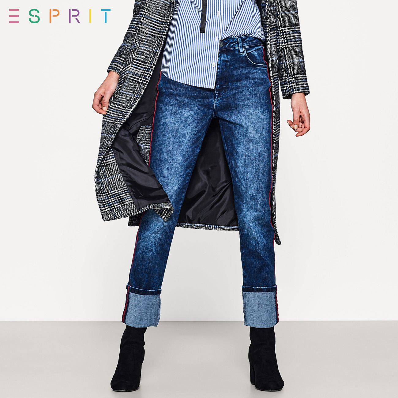 ESPRIT EDC女装2017冬高腰翻边九分裤牛仔裤-117CC1B027
