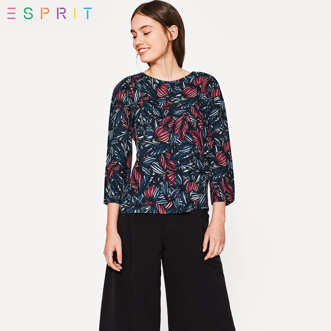 ESPRIT EDC女装2017冬新品商场同款印花复古款衬衫-107CC1F024