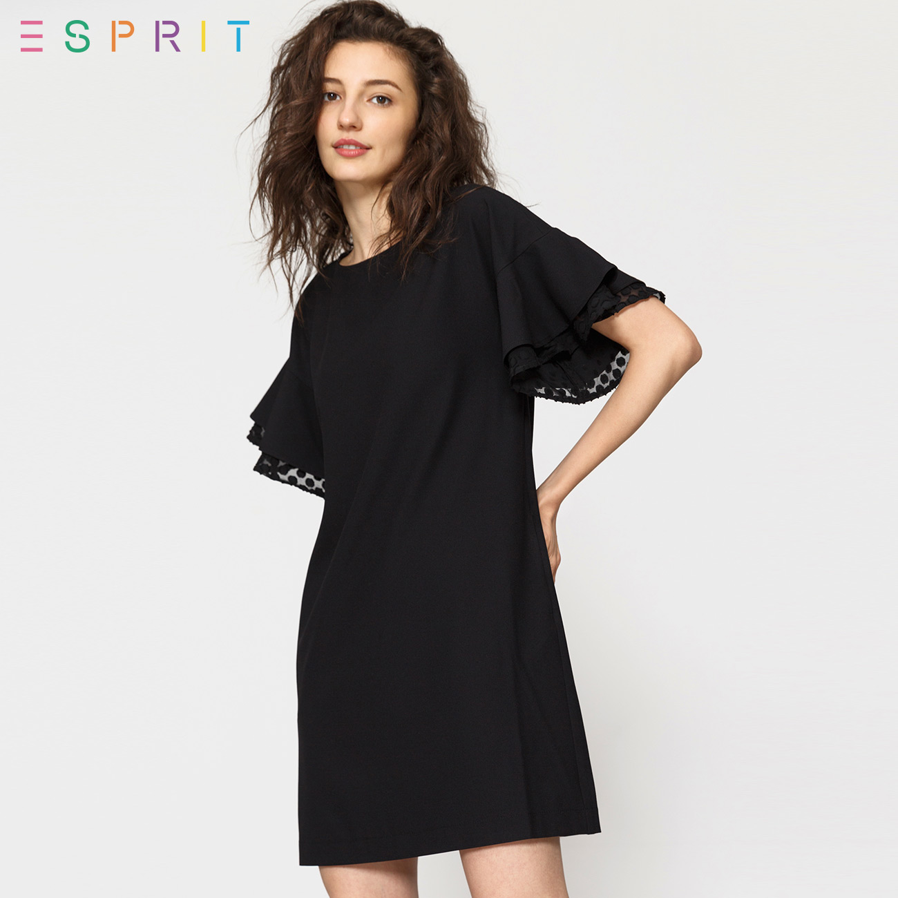 ESPRIT EDC女装2017冬新品纯色宽松款短袖连衣裙-117CC1E045