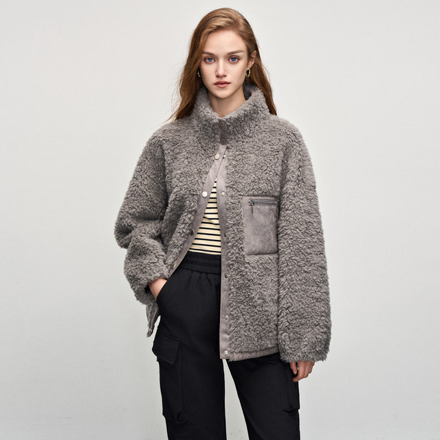 BasicHouse/Baijiahao Design Stand Collar Lamb Wool Jacket Women's 2023 Autumn and Winter New Warm Top