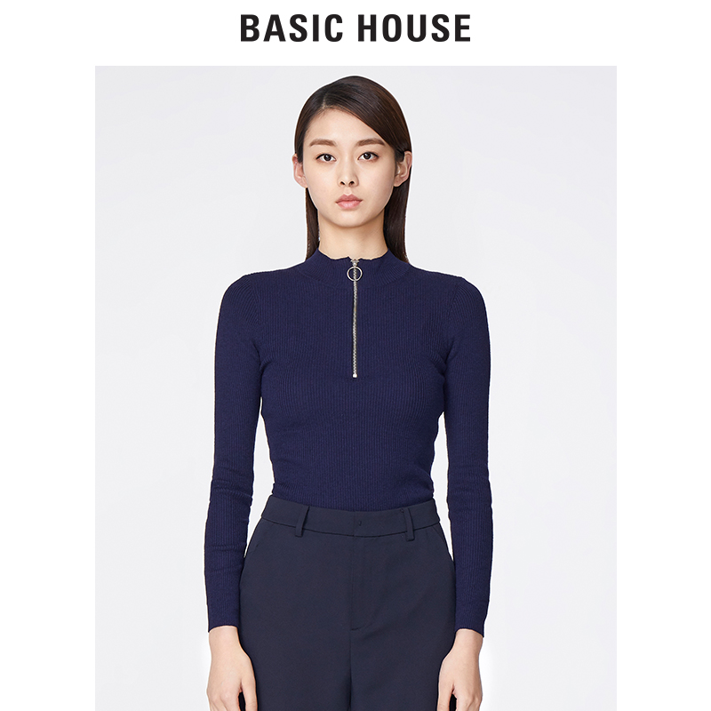 Basic House/百家好春秋季新款针织衫小立领拉链上衣线衫HRKT225A(用20元券)