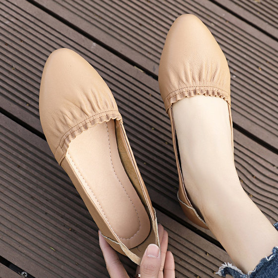 Single shoes for women flat 2024 new spring and autumn casual leather shoes soft sole versatile bean shoes summer genuine leather large size women's shoes