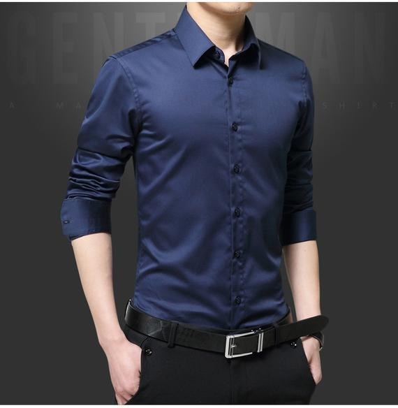 Áo sơ mi nam trung niên phần mỏng Phiên bản Hàn Quốc của áo sơ mi mùa thu dài tay áo sơ mi màu tối áo sơ mi cộc tay