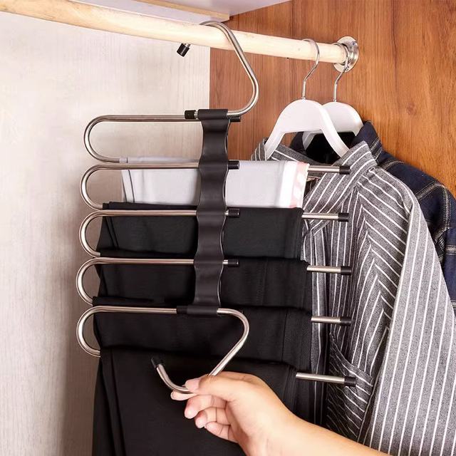 Stainless steel trouser rack anti-slip clip S-shaped bold wardrobe magic hanging household multi-functional storage multi-layer folding sub