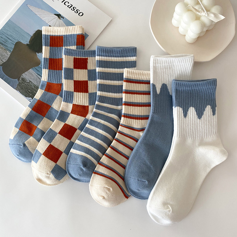 Socks children in tube socks blue checkered stripes ins tide stockings autumn and winter cute Japanese college style color