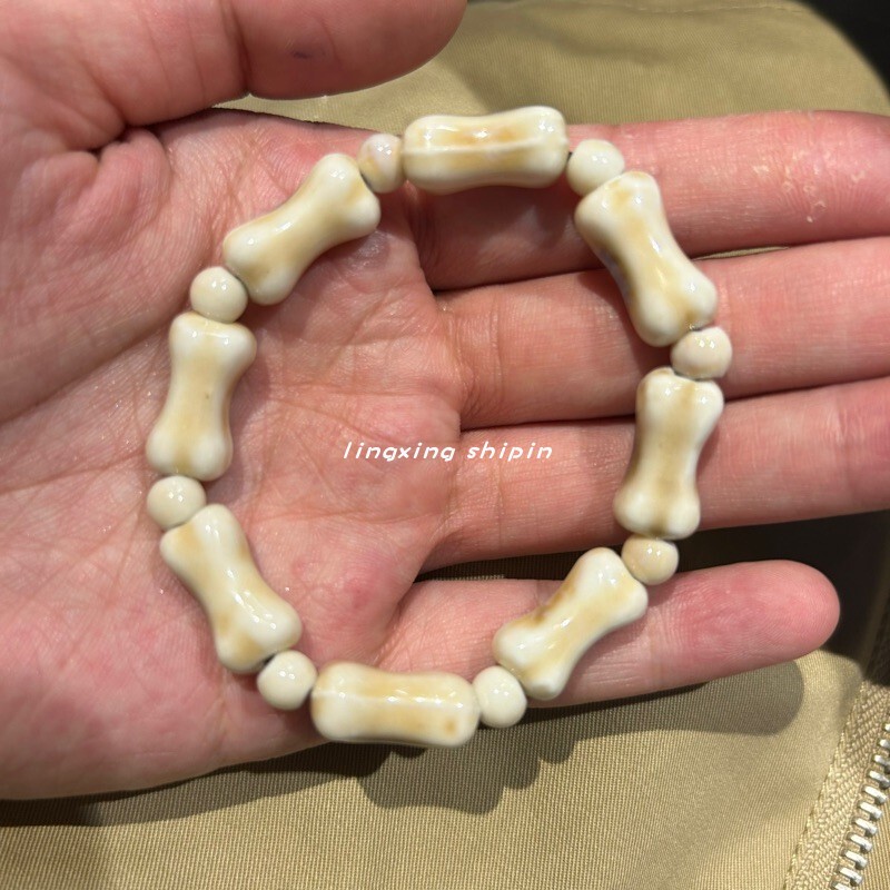 New Chinese-Style Dog Bone Ceramic Beaded Bracelet, Vintage Elastic Cord, No Need to Take Off When Bathing, Couple Style Bracelet, Gift for Best Friend