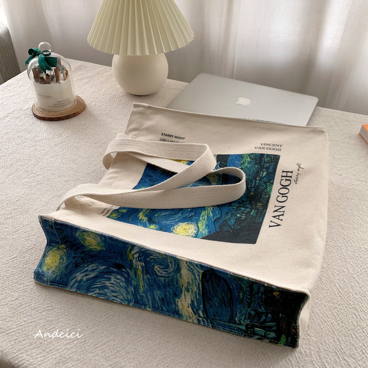 ANDCICI Van Gogh Art Museum ~ Starry Sky Oil Painting Cotton and Linen Canvas Bag Zipper Environmental Shopping Bag Student schoolbag