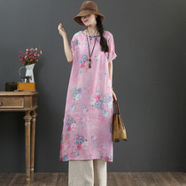 September Card pure HEMP PRINTED Dress Code Dresses Big Code Art Summer Round Collar Short Sleeves A long dress 1171