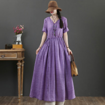 September Card Original Pure Hemp Bicolor Fried Color Large Pendulum Long Skirt V Collar Summer Short Sleeve Dress 3013