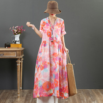 September Card Original Pure Hemp 60 Large Code Long Dress Printed Art V Collar Short Sleeve Dress 9188