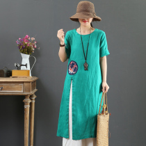 Pure Linen Dress 2019 Summer New Art Big Code Female Skirt Retro Embroidered With Slim Open Fork Skirt 6976
