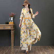 September Card pure linen printed V neckline long dress big code art spring summer 70% sleeves large swing dress 3006