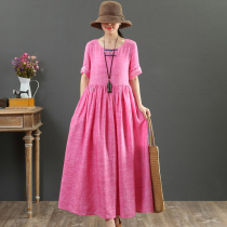 High-end Pure-Hemp Round Collar Pan Button Art Big Code Cotton Twist Dresses Large Hem Skirt Long Skirt Summer Dress Short Sleeve Dress 3290