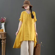 September Card pure Hemp V Collar Embroidered Shirt Large Yard ART SUMMER MID-LENGTH SHORT SLEEVE BLOUSE 1160