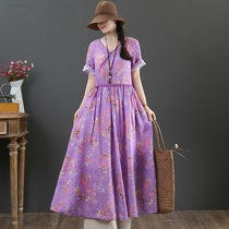 September Card Original design Pure Hemp V Necklace Large Hem Skirt Summer Short Sleeve Purple One-piece Dress 9226-1