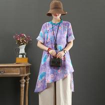 September Card Original design Pure Hemp High Support Qipao Collar Retro-Pan Button Short Sleeve Shirt Mid-Length 9216