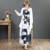 September Kaka Summer cotton linen Art in long drawing Rope Ink Printed Two Sets Cardiovert Dress 6710