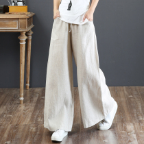 Pure linen Large size Broadlegged Pants Drawing Rope Tightness Waist Art Cotton Linen Dress Summer Dress Long Pants 2116