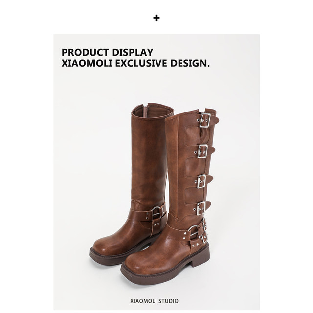 Miu knee-high boots for women autumn and winter genuine leather retro brown western cowboy boots Xiaomoli high knight boots