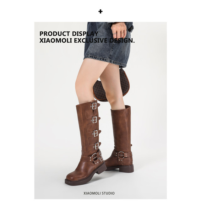 Miu knee-high boots for women autumn and winter genuine leather retro brown western cowboy boots Xiaomoli high knight boots