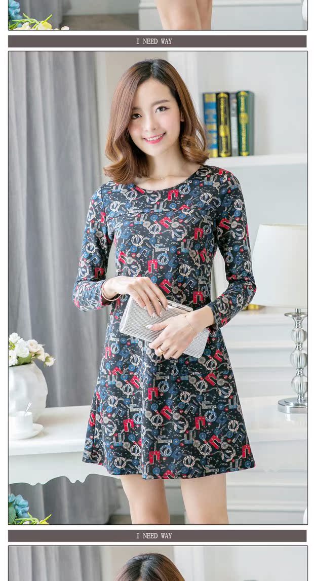 Mùa xuân và mùa thu mẫu lớn váy dài tay cổ tròn là mỏng Một từ váy mùa thu và mùa đông mẫu kích thước lớn váy đáy váy dài đầm ngắn xòe