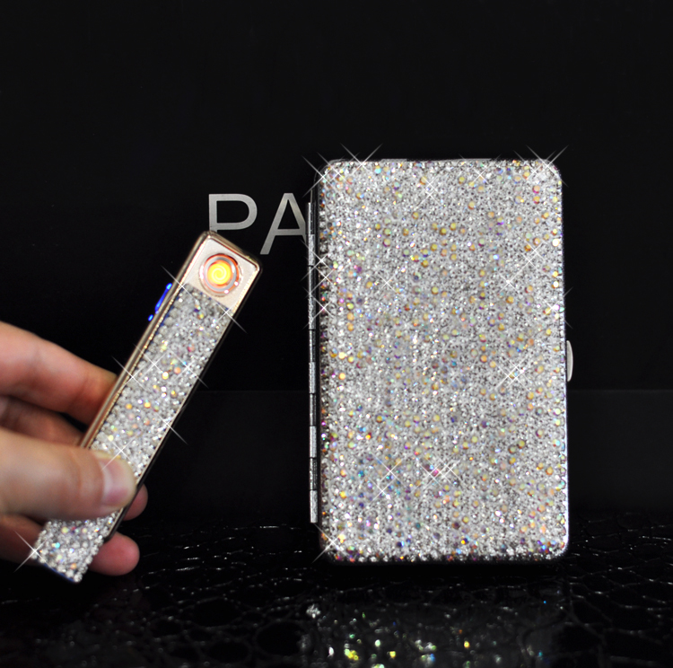 Creative Insert Drilling Crystal Lady Smoking Box Lighter Stick Drill Ultra-thin Silent Silent Windproof USB Charging Lighter