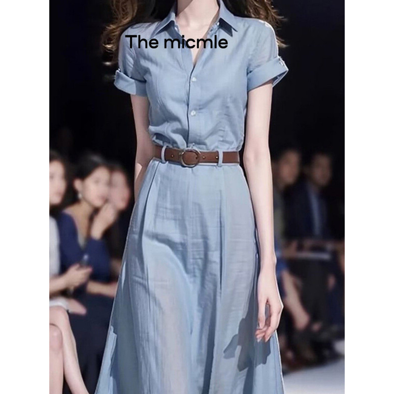 The Micmle New 2026 Summer Blue Silk Shirt Dress with a Slim Waist and Slimming Effect for Women