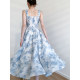 Signature Blue Fog Rose French Print Dress Female 2022 Goddess Summer Square Collar Tea Break Beautiful Swing Skirt