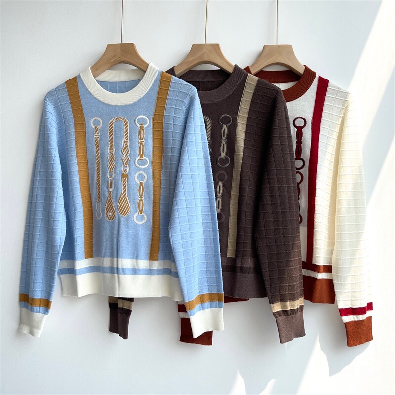 Temperament Color-Blocked Round Neck Pullover Knitwear for Women H Family Age-Reducing Loose Long-Sleeved Knitwear Top Wool Tencel Blend