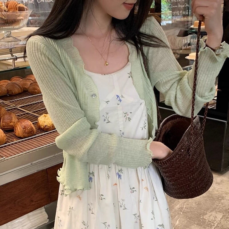 Mambo Mint Green Ice Silk Knitted Sun Protection Cardigan for Women, Summer Wear with Camisole Dress, Thin Outerwear Shawl Blouse Top