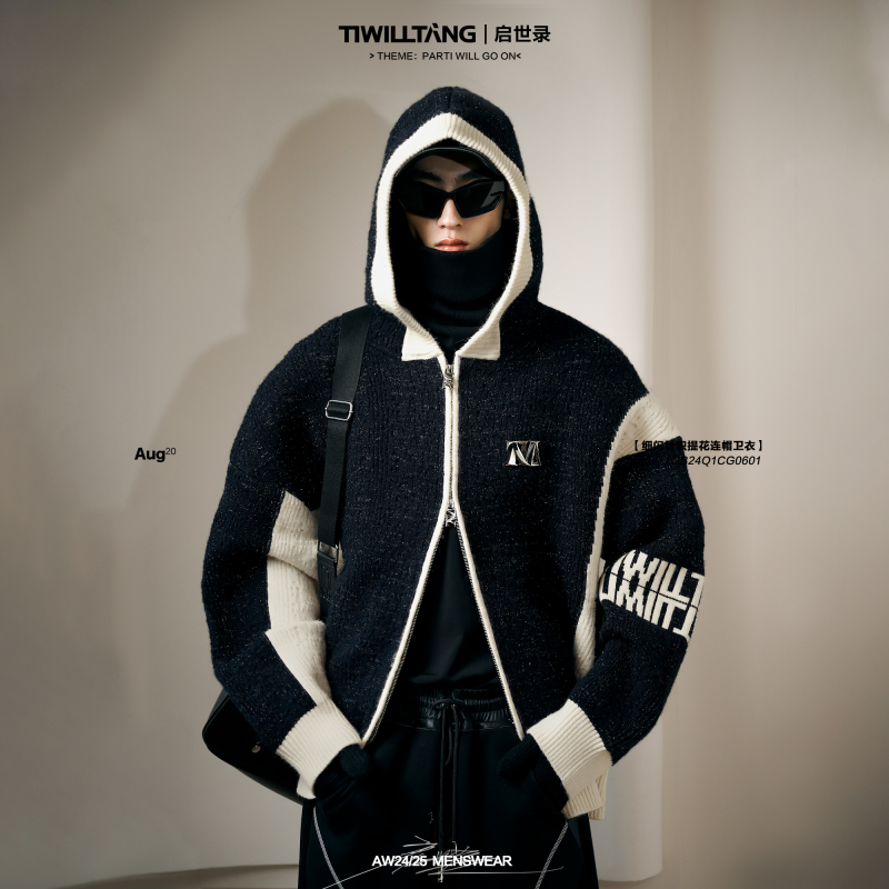 Qishilu Tiwilltang "Wei Yi Huan Ling" Heavy Knit Cardigan Sweater with Zipper, American Style Spring and Autumn Sweatshirt