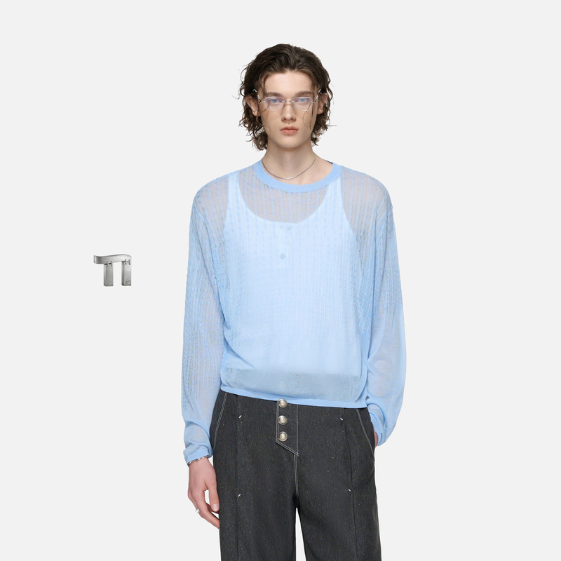 Tiwilltang "Slow Transition into Grief" Gradient Irregular Twist Transparent Knit Long Sleeve Cover-Up for Summer