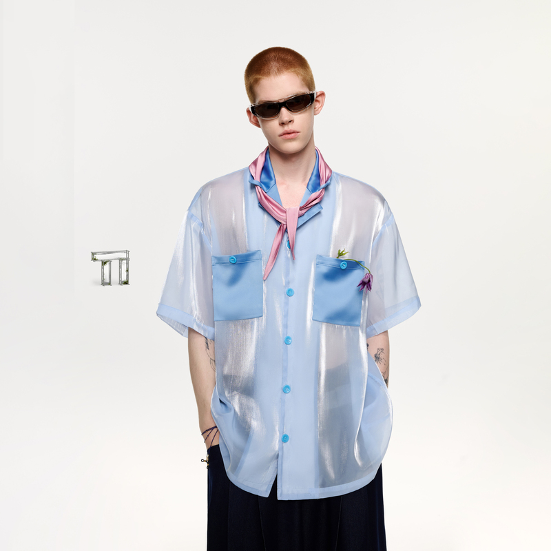 Qishilu Tiwilltang "Traveling the Sky and Earth" Color-Blocking Sheer Short-Sleeve Shirt, New Summer Shirt