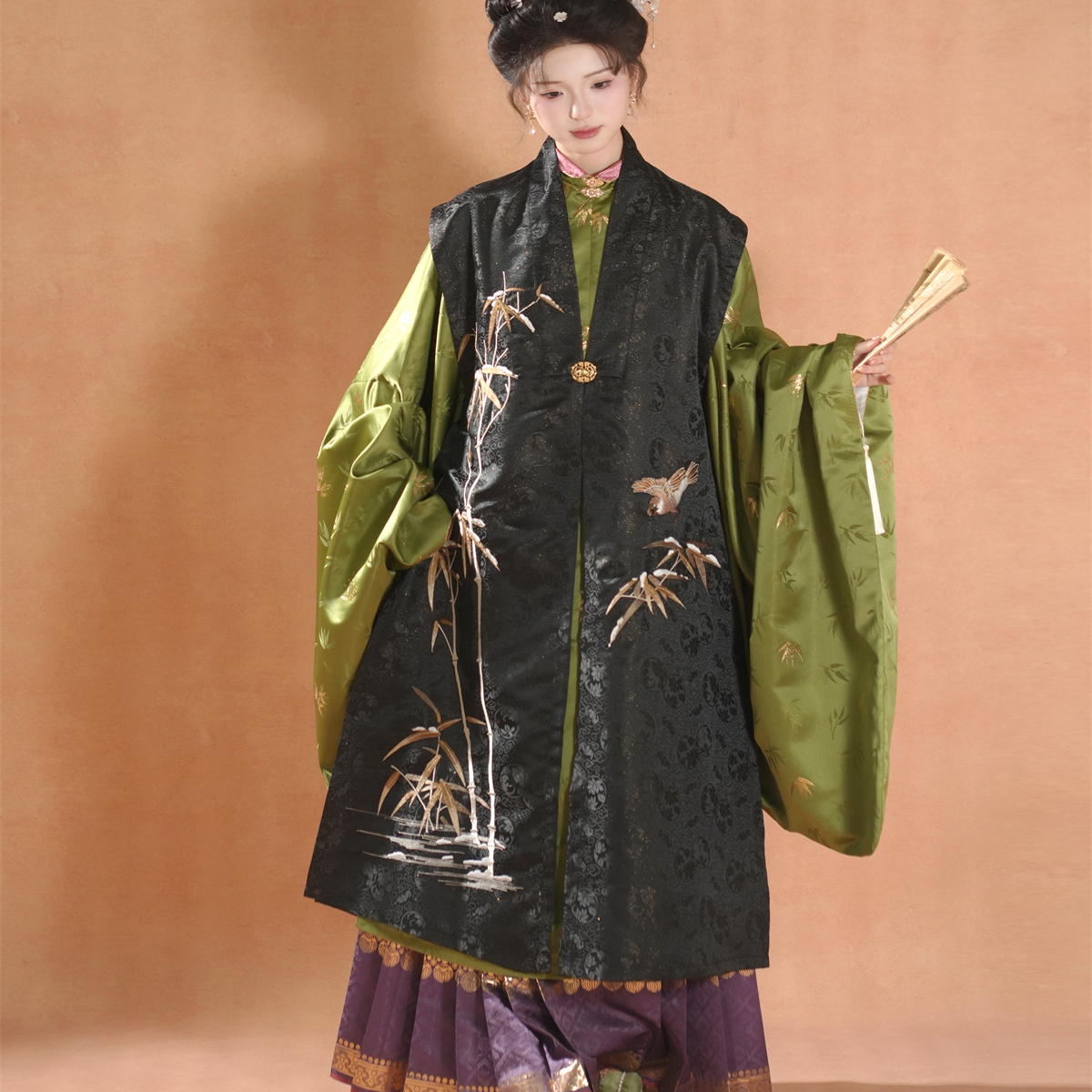 南山の魅力竹影の吹流しオリジナル模造蘇州刺繍刺繍金サテン明代襟ロングベスト2025女性用