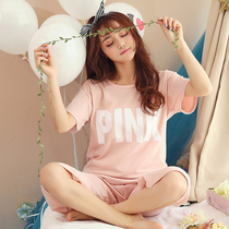 Pajamas women Summer cotton short sleeve Capri pants two-piece set Korean summer loose casual home clothes can be worn outside