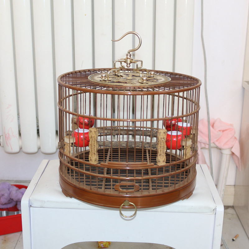 Old bamboo willow Orioles bird leather leather material polished drawer bird cage boutique cage embroidered yellow nestle hibiscus jade bird Wenbird