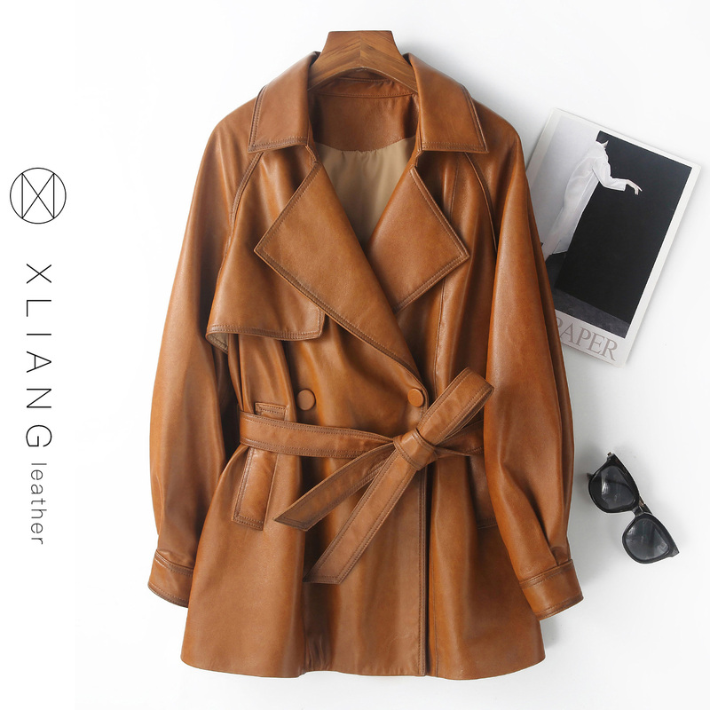 Women's Leather Jacket 2026 New Spring and Autumn High-End Leather Trench Coat Genuine Leather Haining Mid-Length Imported Sheepskin Coat Women's Leather Jacket 2026 New Spring and Autumn High-End Leather Trench Coat Genuine Leather Haining Mid-Length Imported Sheepskin Coat