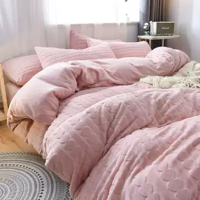 Princess style three-dimensional carved velvet milk velvet four-piece Winter thickened treasure velvet solid color girl heart bedding