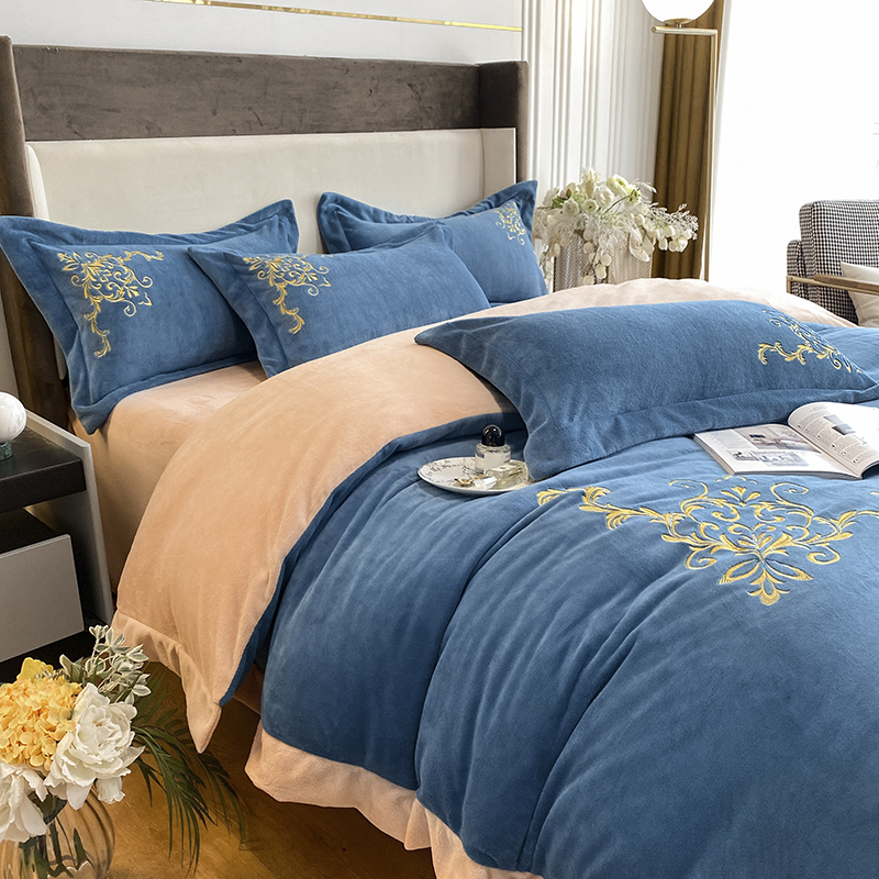 High-grade winter thickened European embroidered milk velvet bed four-piece winter simple double-sided velvet cover light luxury bed sheet
