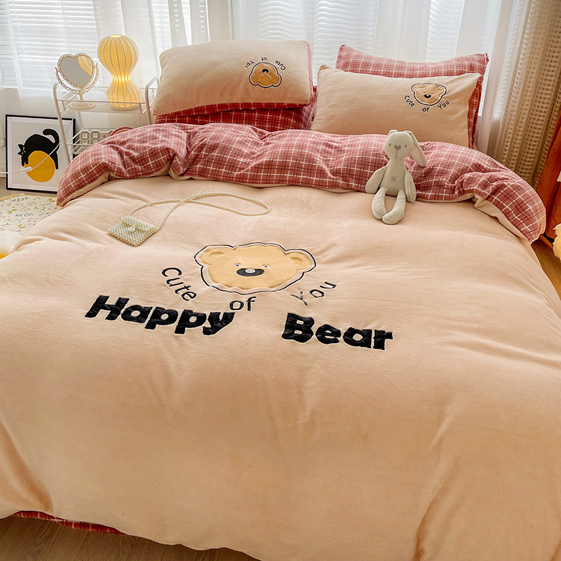 ins winter thickened cartoon milk fleece towel embroidered bear girl heart on plush four-piece set coral velvet