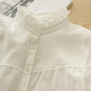 慕斯 春秋新款文艺立领木耳边拼接纯色竖条长袖内搭白衬衣女法式