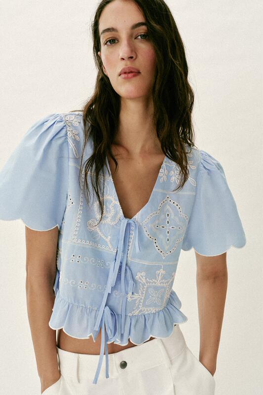 April Zara Domestic Genuine Product Purchasing Agent 4387/097 Women's V-Neck Hollow Embroidered Bow Shirt 4387097