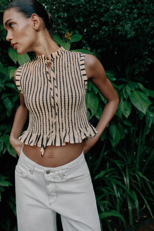 April Zara Domestic Genuine Product Purchasing Agent 4387/029 Women's Round Neck Striped Honeycomb Pattern Detail Top 4387029
