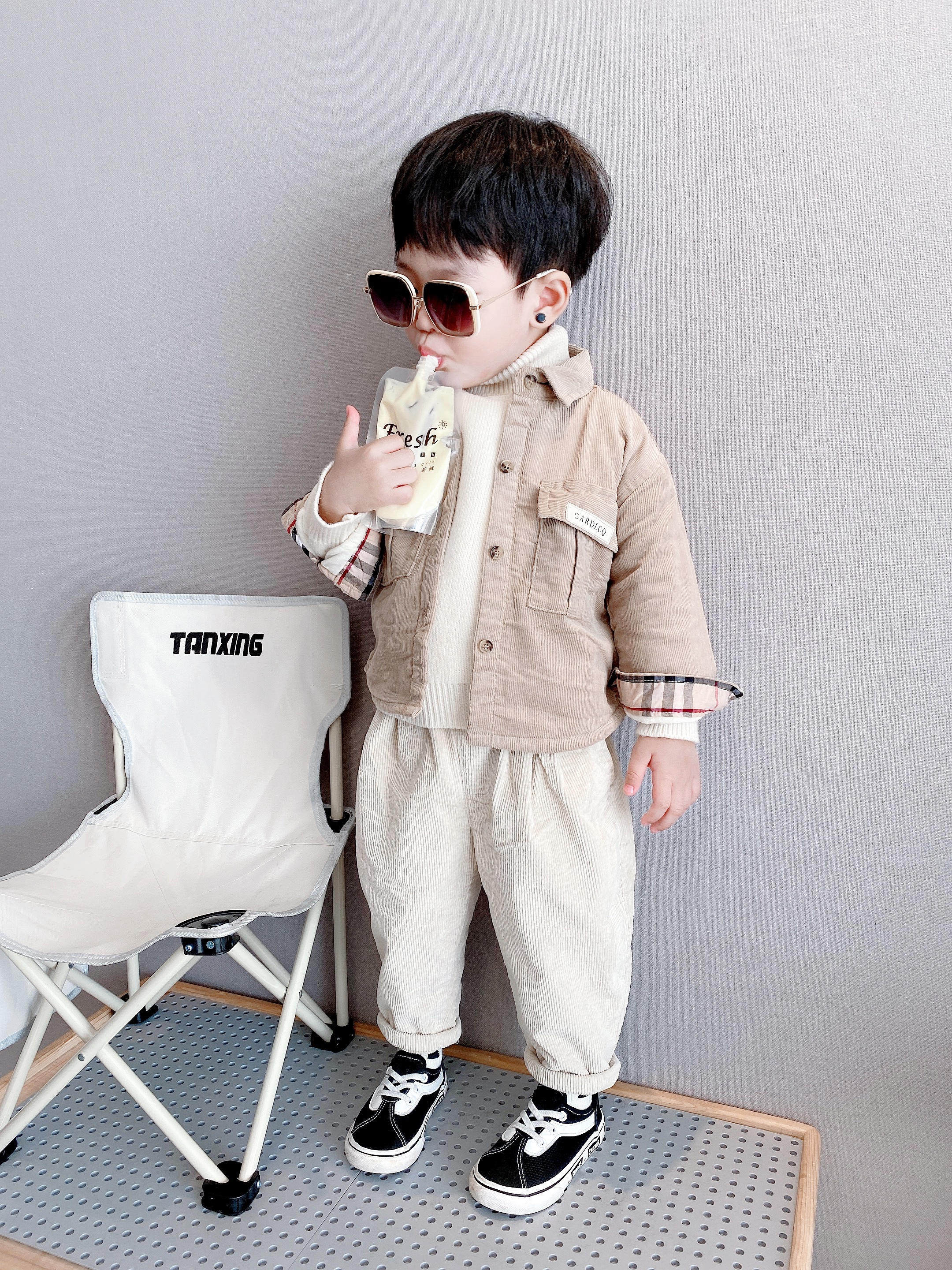 (Fleece Shirt) Children's autumn and winter fleece warm khaki lapel shirt top
