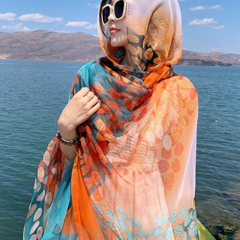 Silk Scarf for Women 2025 New Style Beach Silk Scarf Sun Protection Large Shawl Gauze Scarf Sanya Seaside Shawl Scarf Summer Thin Style