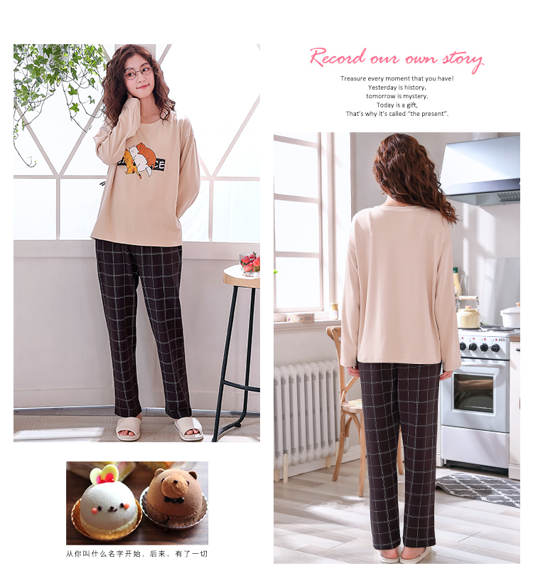 Bộ đồ ngủ nữ cotton dài tay mùa xuân và mùa thu dễ thương XL dịch vụ tại nhà mùa đông phiên bản Hàn Quốc của phần mỏng có thể mặc bên ngoài bộ đồ pijama nam