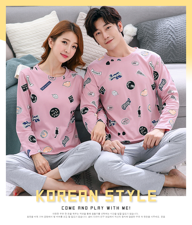 Bộ đồ ngủ đôi mùa xuân và mùa thu Áo dài tay cotton Hàn Quốc Dễ thương cho nam Dịch vụ gia đình kiểu đồ bộ