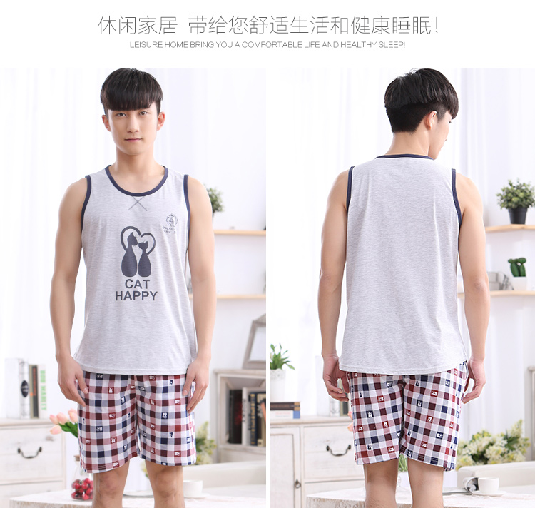 Mùa hè nam không tay vest quần short cotton đồ ngủ nam mùa xuân và mùa thu cộng với phân bón XL có thể được đeo bên ngoài dịch vụ nhà