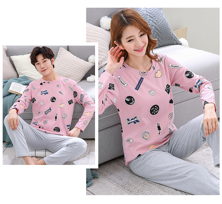 Bộ đồ ngủ đôi mùa xuân và mùa thu Áo dài tay cotton Hàn Quốc Dễ thương cho nam Dịch vụ gia đình kiểu đồ bộ